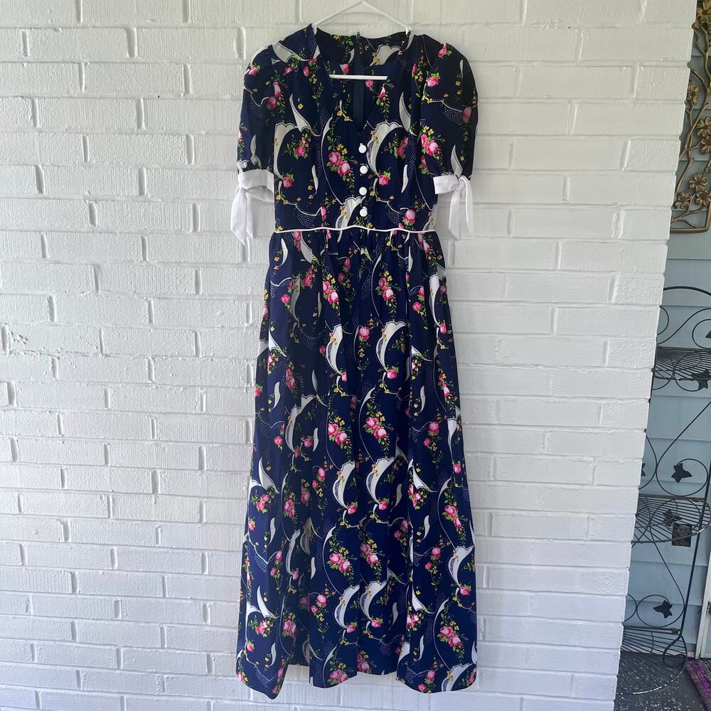 Vintage 70s blue floral polyester maxi dress